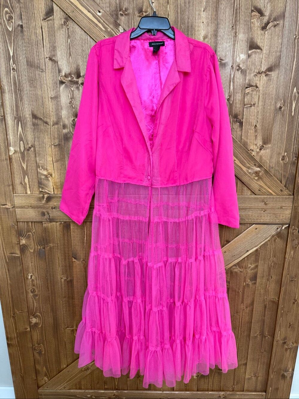 Ashley Stewart Women’s 18/20 Hot Pink Tiered Sheer Overlay Maxi Dress (9446)